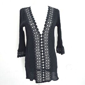 Raviya Cover Up Tunic Gauzy Crochet Dress Black 3/4 Sleeve Women Size Small